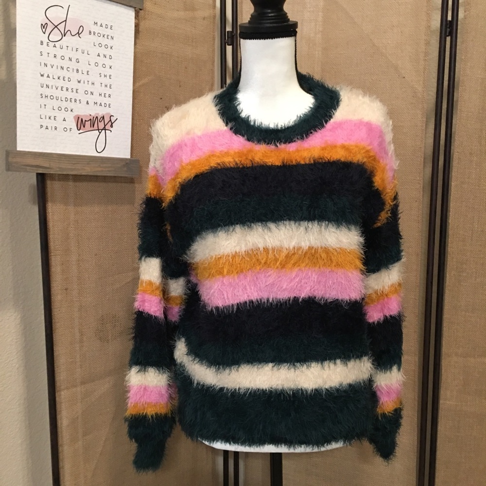 💟Woven Heart Multi-Color Striped Fuzzy Warm Long Sleeve Pullover Sweater - Med